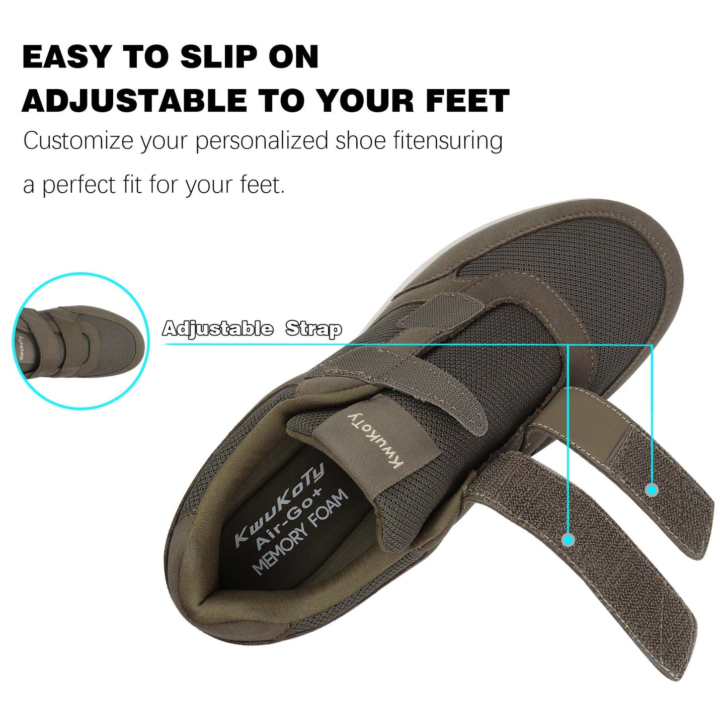 KwuKoty Women's Diabetic Shoes | Adjustable Sneakers | Lace-Free | Plantar Fasciitis/Edema/Swollen Feet/Bunions | Wide Size 6-11.5