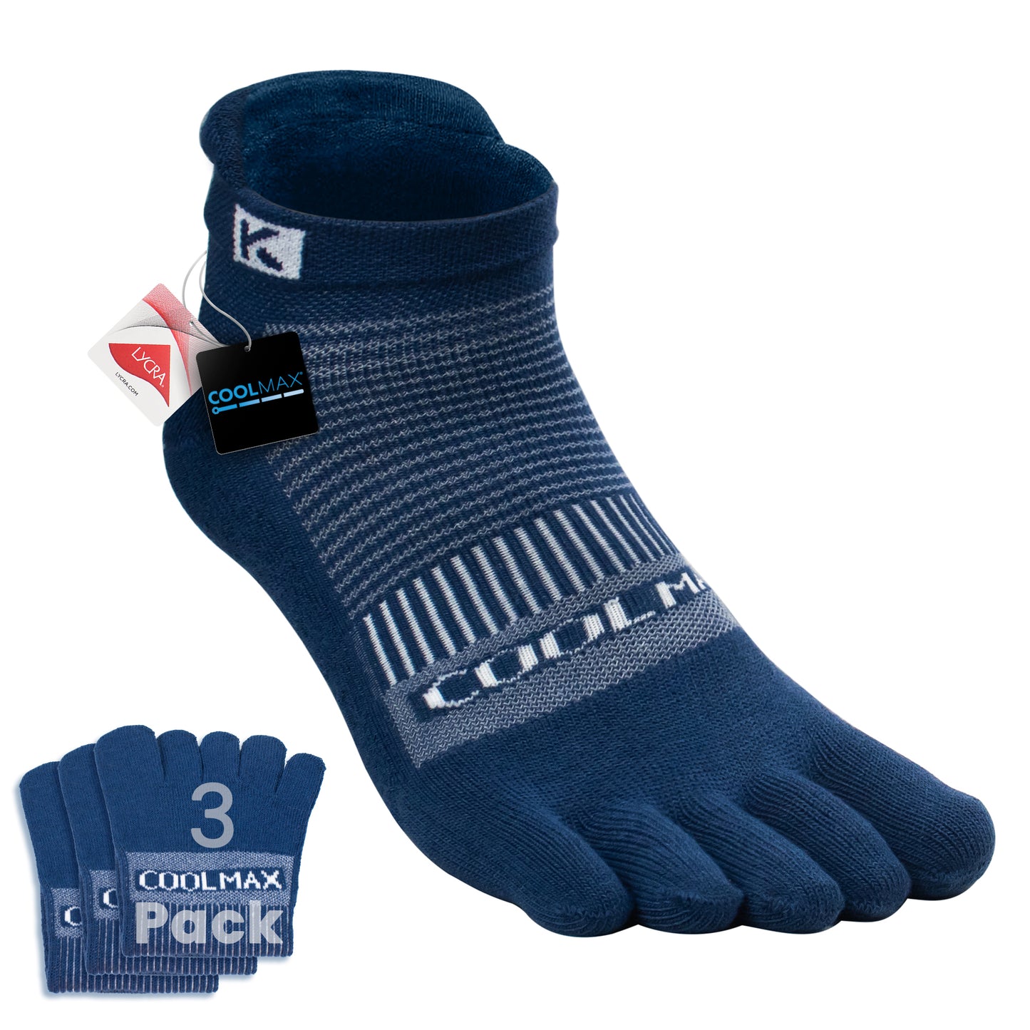 KWUKOTY Cushioned Compression Ankle Running Toe Socks COOLMAX, 3 Pairs Men's 4-13, Women's 5-14