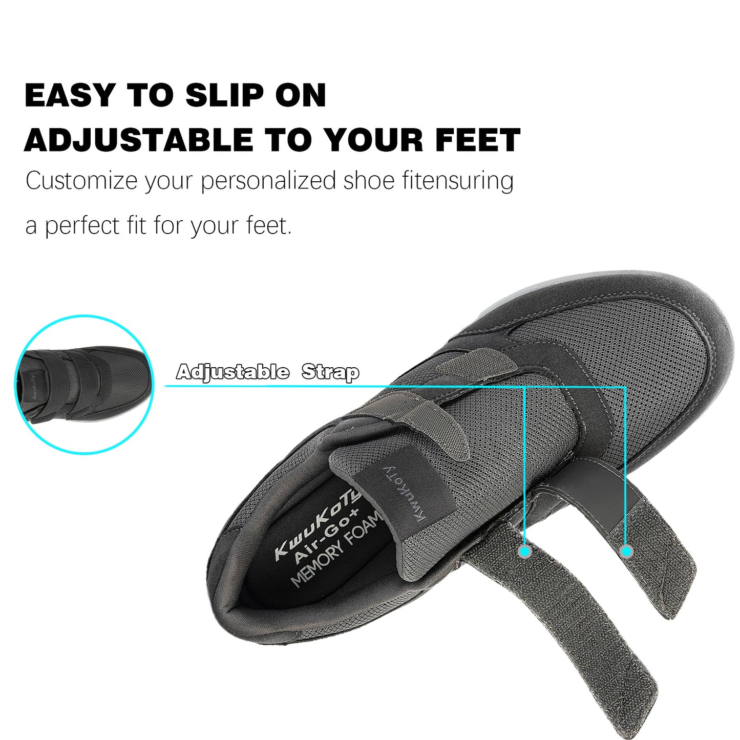 KwuKoty Women's Diabetic Shoes | Adjustable Sneakers | Lace-Free | Plantar Fasciitis/Edema/Swollen Feet/Bunions | Wide Size 6-11.5