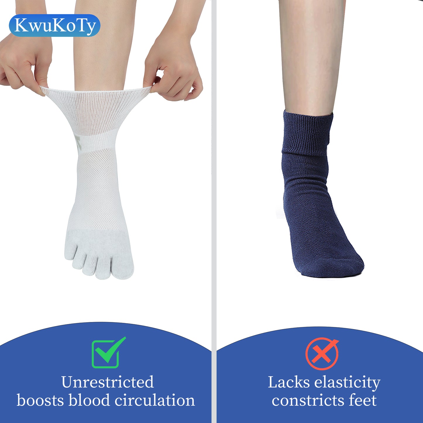 KwuKoTy Diabetic Toe Socks for Men and Women - 6 Pairs, Seamless Loose Fit Non-Restrictive Cotton Boat Socks