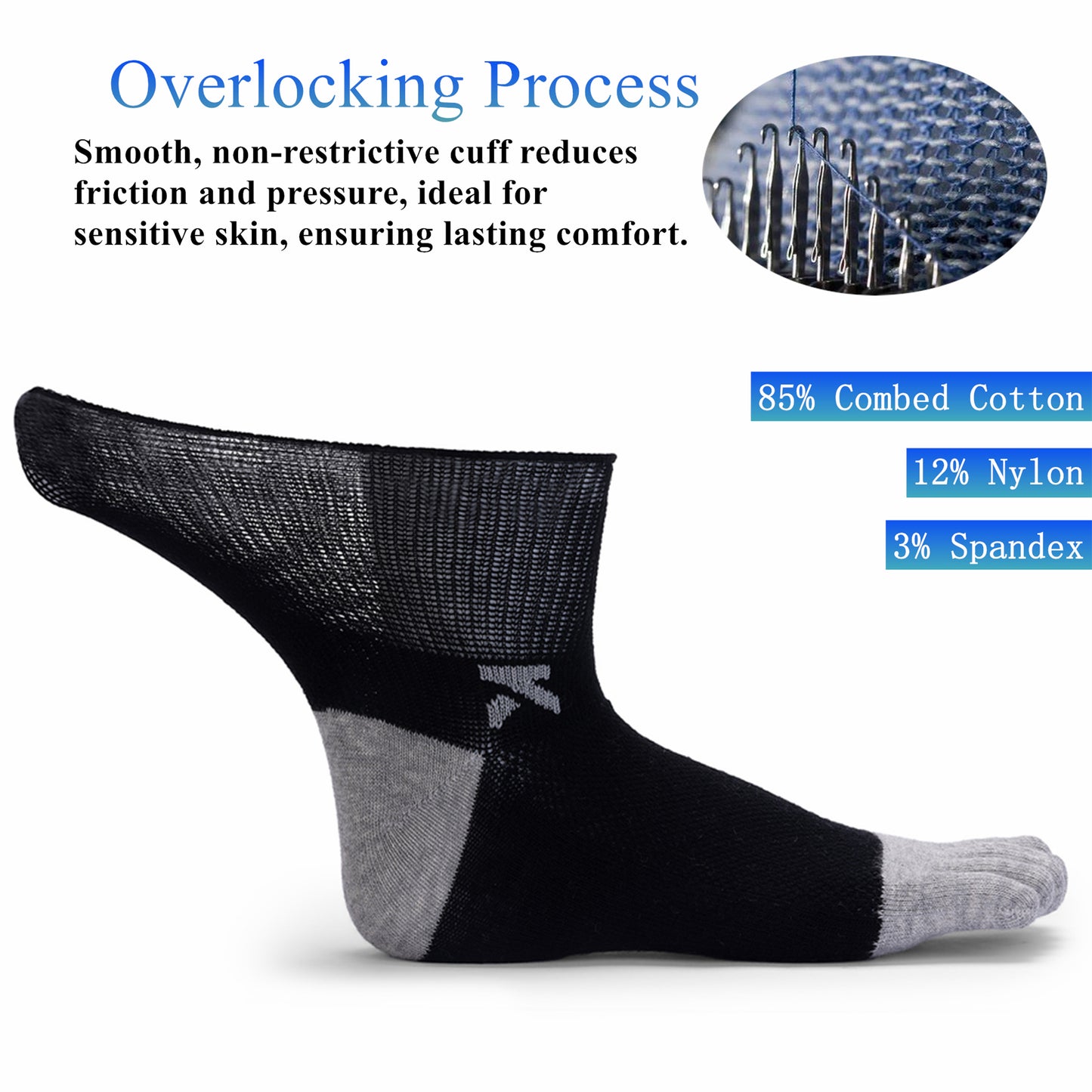 KwuKoTy Diabetic Toe Socks for Men and Women - 6 Pairs, Seamless Loose Fit Non-Restrictive Cotton Boat Socks