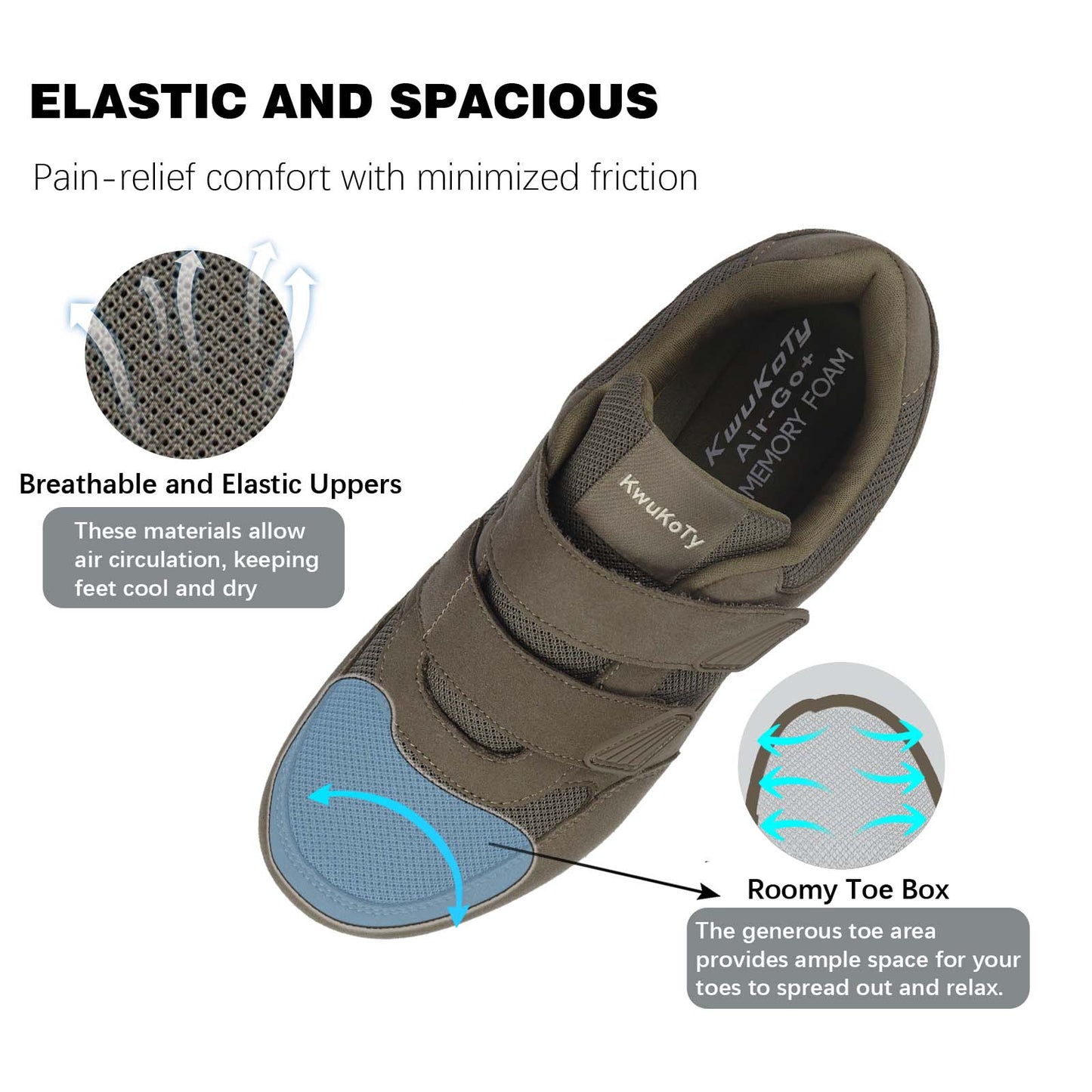 KwuKoty Women's Diabetic Shoes | Adjustable Sneakers | Lace-Free | Plantar Fasciitis/Edema/Swollen Feet/Bunions | Wide Size 6-11.5