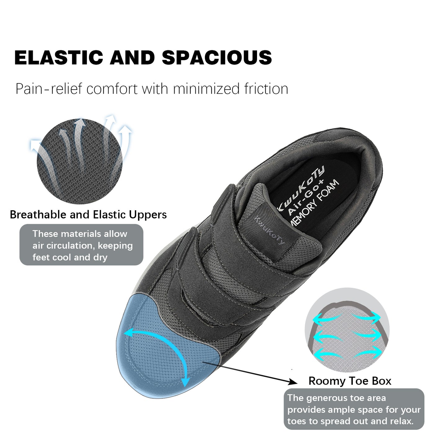 KwuKoty Women's Diabetic Shoes | Adjustable Sneakers | Lace-Free | Plantar Fasciitis/Edema/Swollen Feet/Bunions | Wide Size 6-11.5