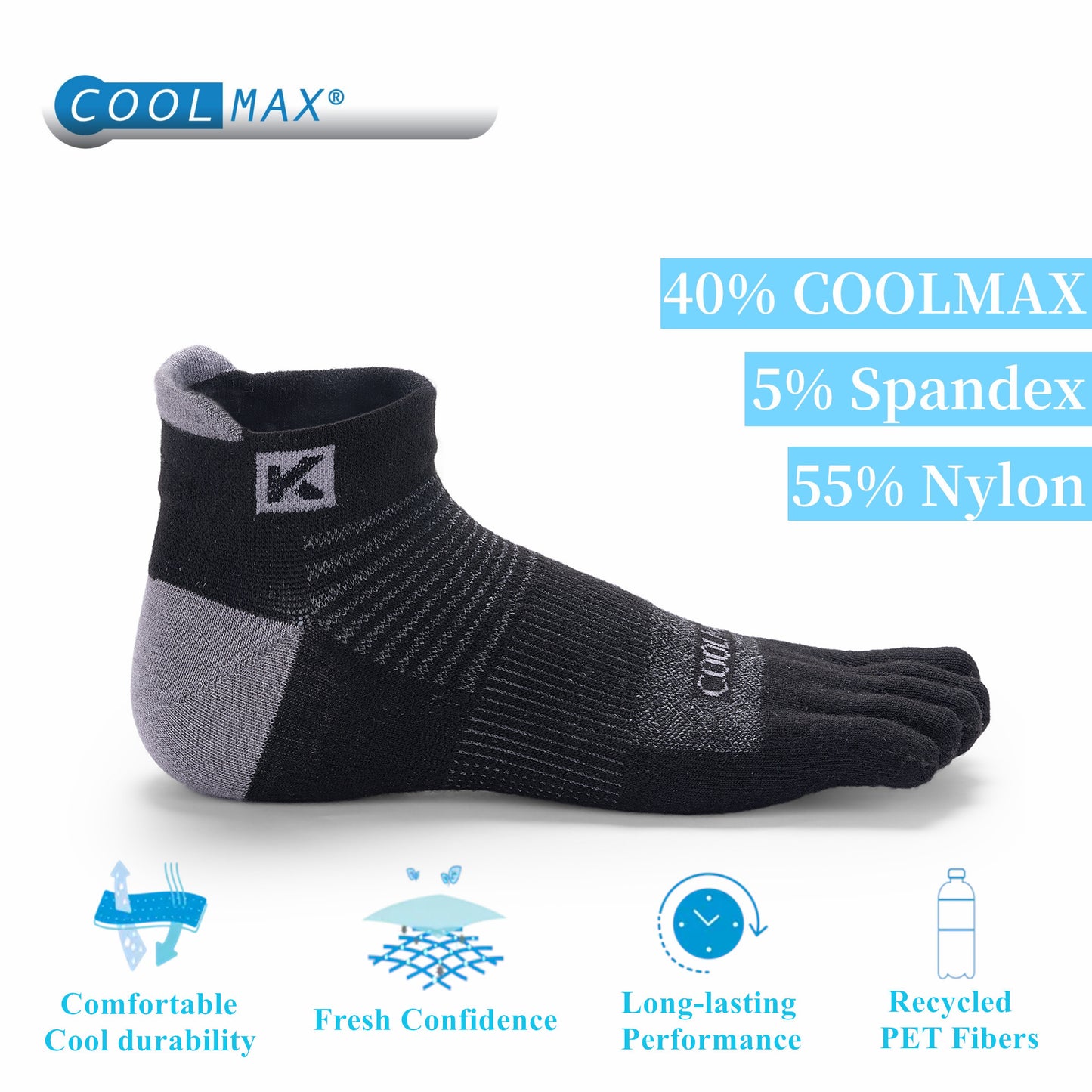 KwuKoTy 4 Pairs COOLMAX CORE Toe Running Ankle Socks - Men's 4-13, Women's 5-14