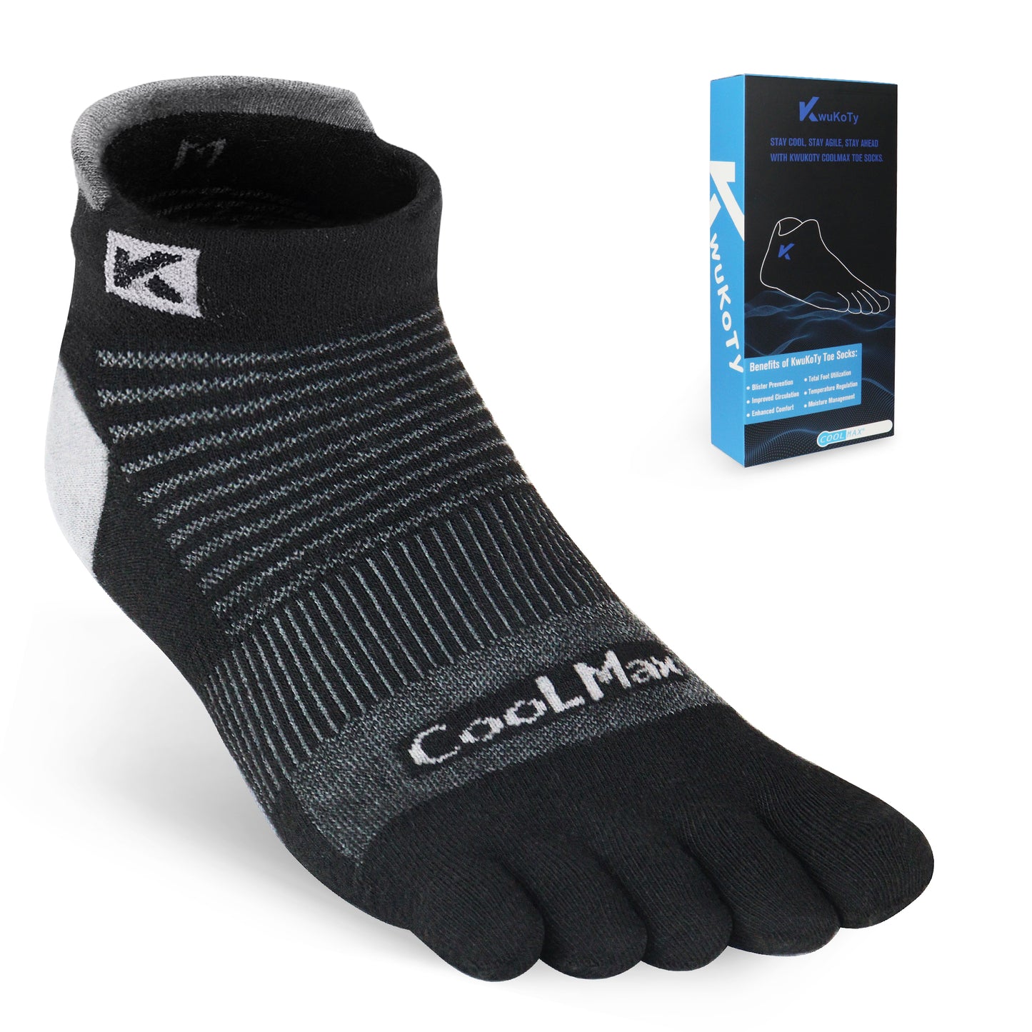 KwuKoTy 4 Pairs COOLMAX CORE Toe Running Ankle Socks - Men's 4-13, Women's 5-14