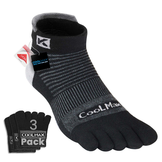 KWUKOTY Cushioned Compression Ankle Running Toe Socks COOLMAX, 3 Pairs Men's 4-13, Women's 5-14