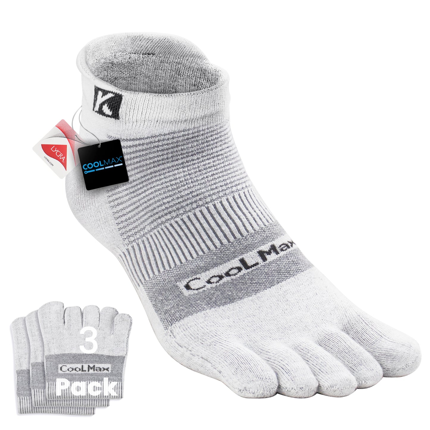 KWUKOTY Cushioned Compression Ankle Running Toe Socks COOLMAX, 3 Pairs Men's 4-13, Women's 5-14