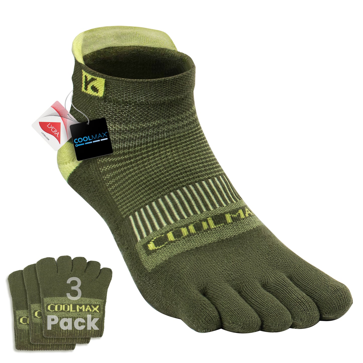KWUKOTY Cushioned Compression Ankle Running Toe Socks COOLMAX, 3 Pairs Men's 4-13, Women's 5-14