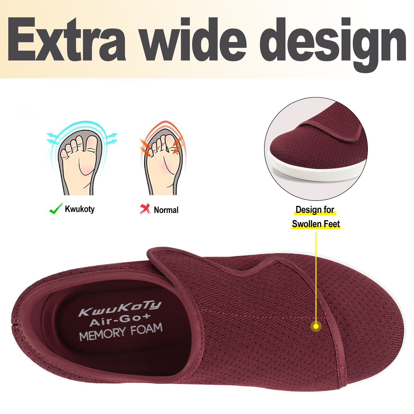 KwuKoty Women's Wide Diabetic Shoes with Air Cushion | Relax Series, Comfort for Swollen Feet, Bunions, Edema | Size 6-11