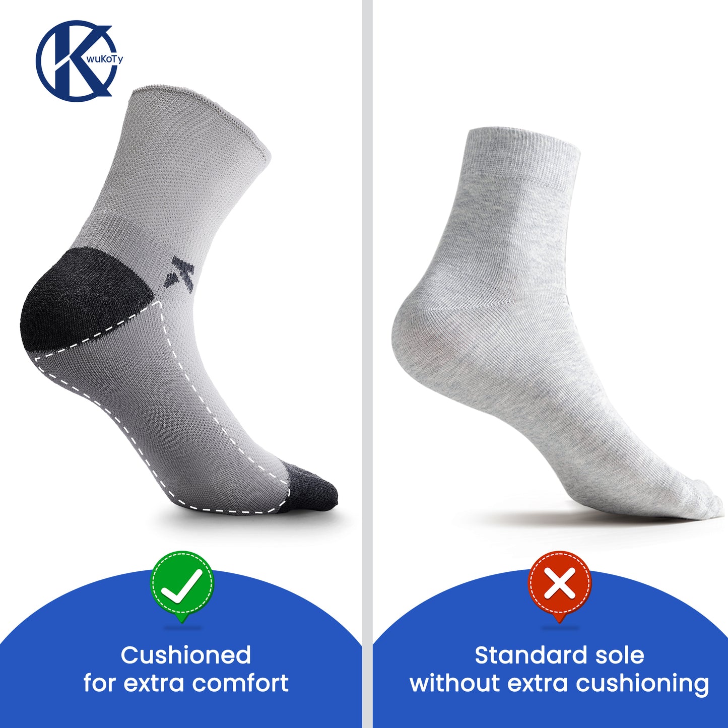 KwuKoty Non-Binding Diabetic Socks Seamless Cushioned Sole Breathable Combed Cotton Ankle Height, for Men &amp; Women, 3 Pairs