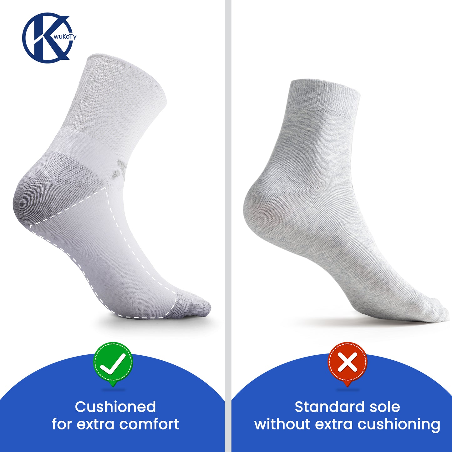 KwuKoty Non-Binding Diabetic Socks Seamless Cushioned Sole Breathable Combed Cotton Ankle Height, for Men &amp; Women, 3 Pairs