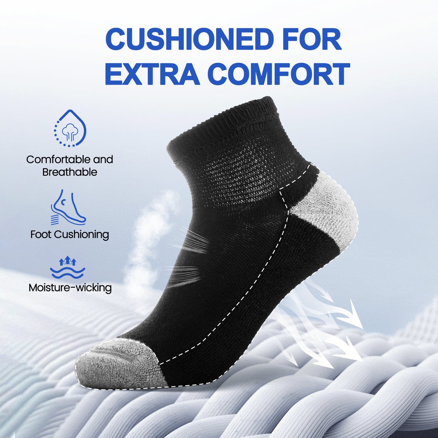 KwuKoTy Diabetic Socks Ankle Cushioned Sole Combed Cotton, Daily Wear & Sports, 3-Pack Men's 6-12 Women's 7-13